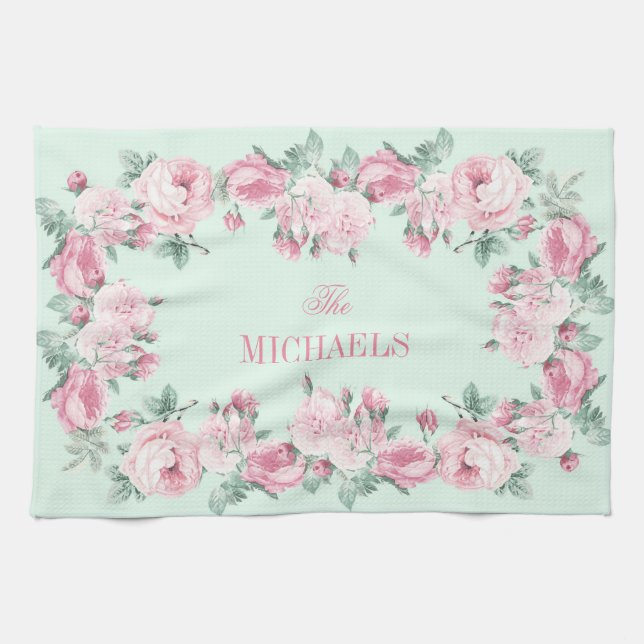 Personalized kitchen towel pink mint floral (Horizontal)