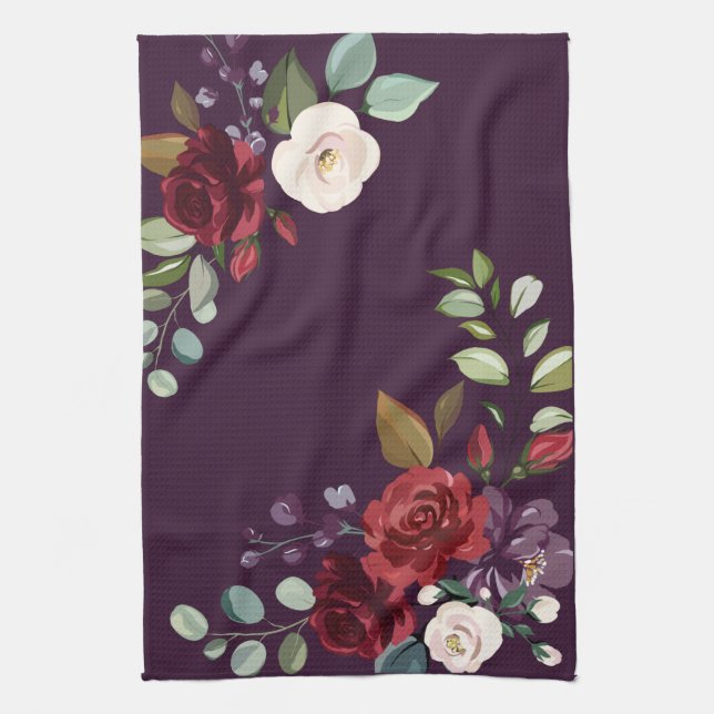 Personalized Kitchen Towel Plum Purple Roses Gold (Vertical)