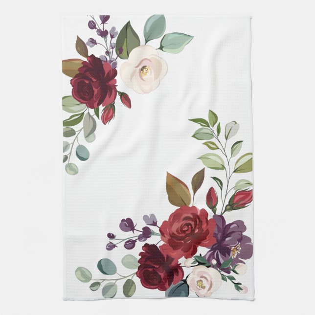 Personalized Kitchen Towel White Roses Gold Geomet (Vertical)