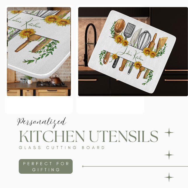 Personalized Kitchen Utensils Glass Cutting Board (Creator Uploaded)