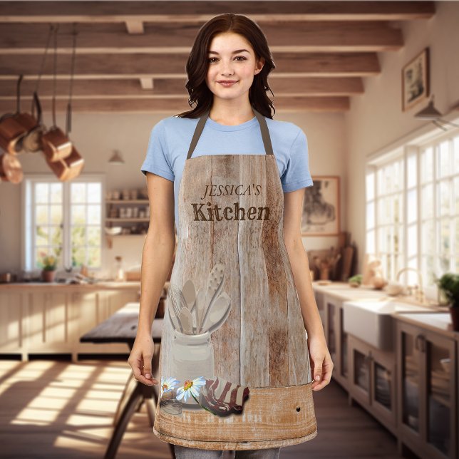 Personalized Kitchen Wood Rustic Daisy Apron (Creator Uploaded)