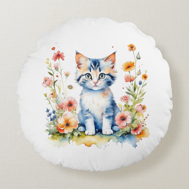 Personalized Kitten and Flowers Baby Name Round Pillow (Front)