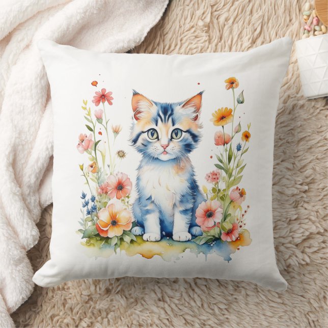 Personalized Kitten and Flowers Baby Name Throw Pillow (Blanket)