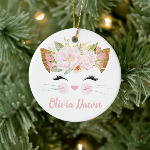 Personalized Kitten Face Girls Pink Ceramic Ornament
