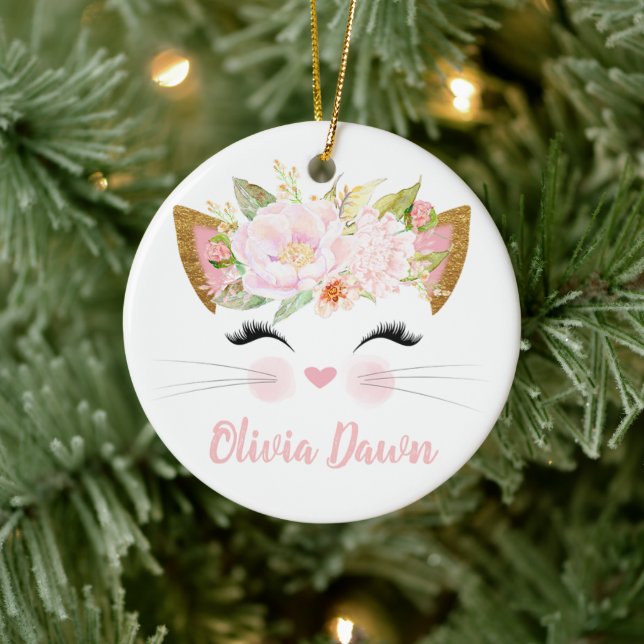 Personalized Kitten Face Girl's Pink Ceramic Ornament (Tree)