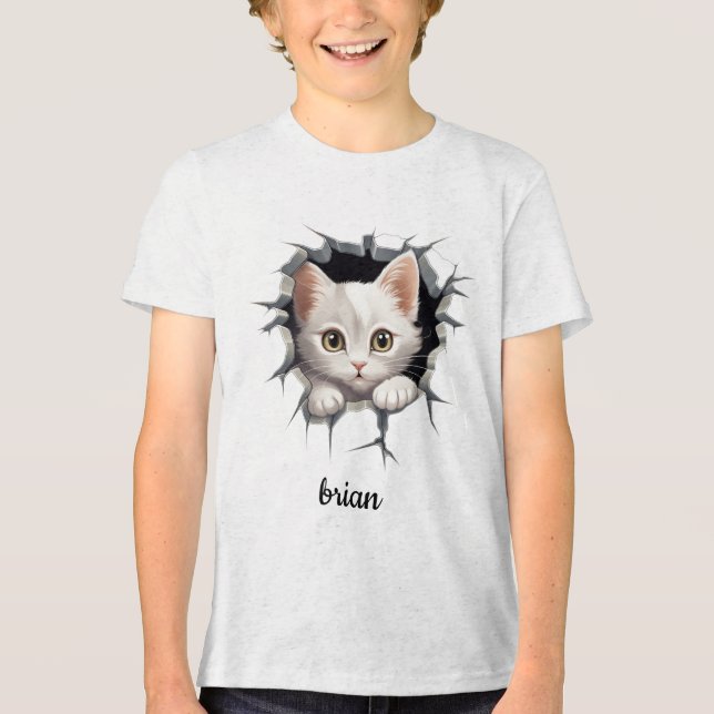 Personalized kitten peeking out of faux hole Tri-Blend shirt (Front)