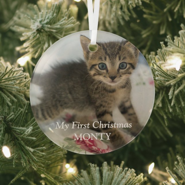 Personalized Kitten Photo Cat First Christmas Glass Ornament (Insitu)