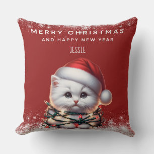 Personalized Kitten Santa Hat Christmas Throw Pillow