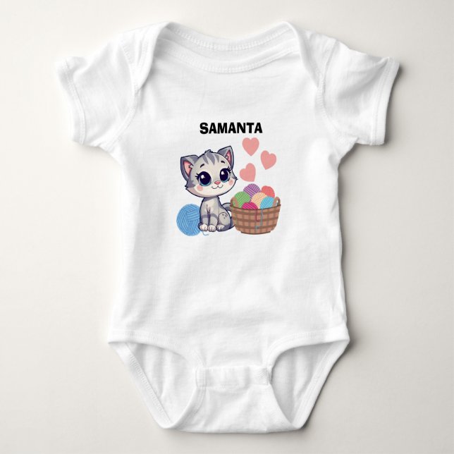  Personalized Kitten & Yarn Baby Bodysuit (Front)