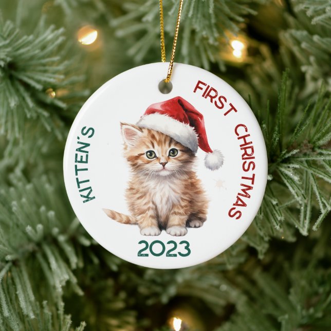 Personalized Kitten's First Christmas Design Ceramic Ornament (Tree)
