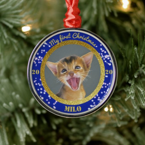 Personalized Kittens First Christmas Photo Metal Ornament