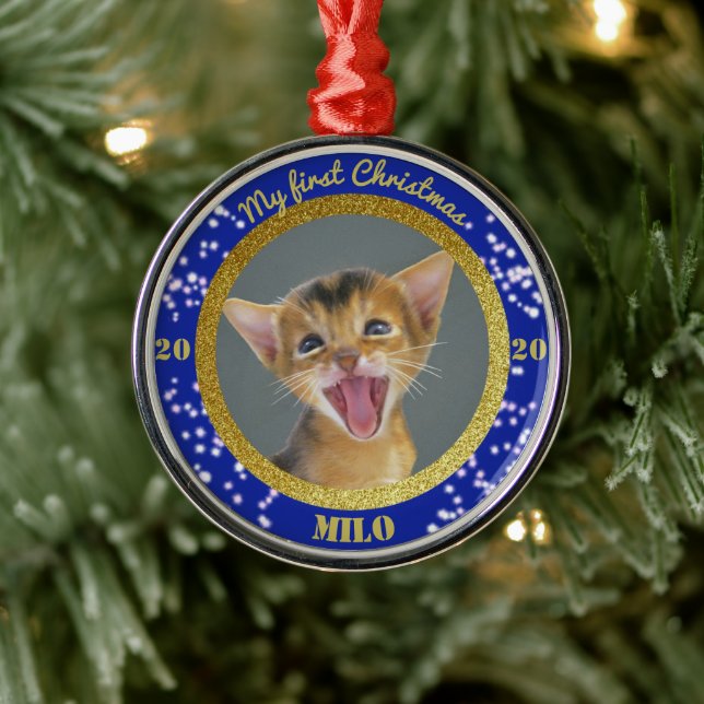 Personalized Kitten's First Christmas Photo Metal Ornament (Tree)