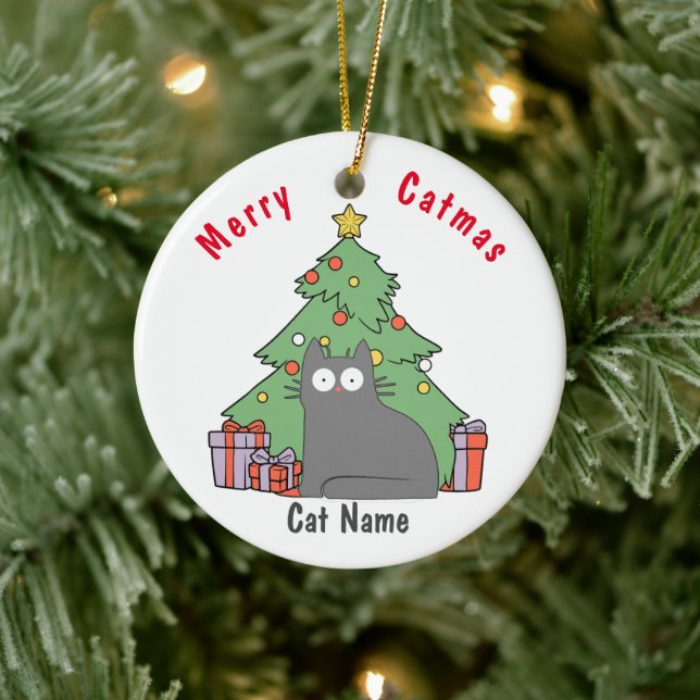 Personalized Kitty Cat Christmas grey cat Ceramic Ornament (Tree)