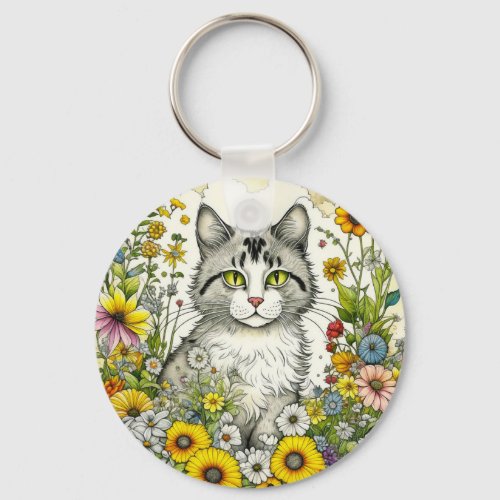 Personalized  Kitty Cat Sitting in Flowers  Keychain