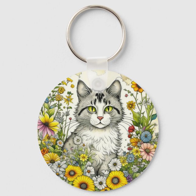 Personalized  Kitty Cat Sitting in Flowers  Keychain (Front)