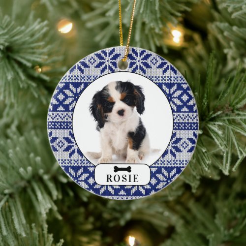 Personalized Knit Pattern Dog Holiday Photo  Ceramic Ornament