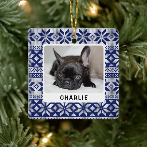 Personalized Knit Pattern Dog Holiday Photo   Ceramic Ornament