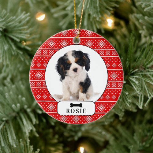 Personalized Knit Pattern Dog Holiday Photo Pet  C Ceramic Ornament