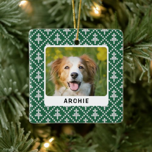 Personalized Knit Pattern Dog Holiday Photo Pet   Ceramic Ornament