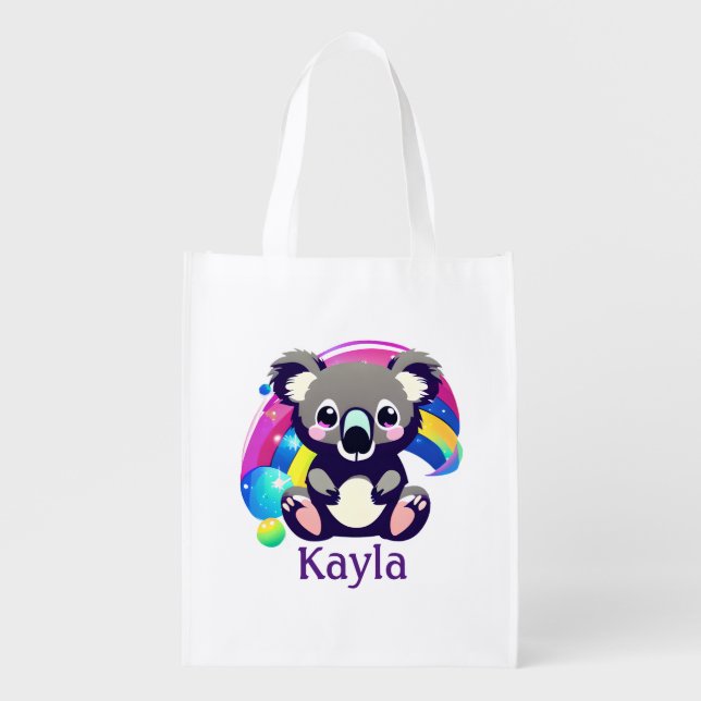 Personalized Koala Bear and Rainbow Grocery Bag (Front)