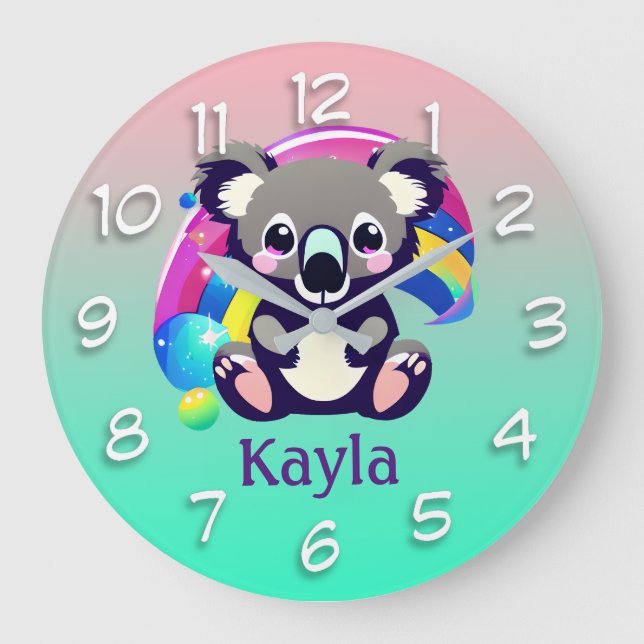 Personalized Koala Bear and Rainbow Large Clock (Front)