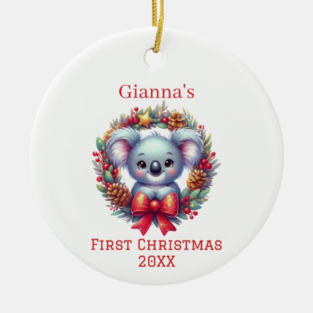 Personalized Koala Bear First Christmas Ceramic Ornament (Front)