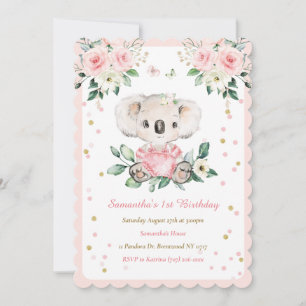 Personalized Koala Bear Girl 1st Birthday Invitation