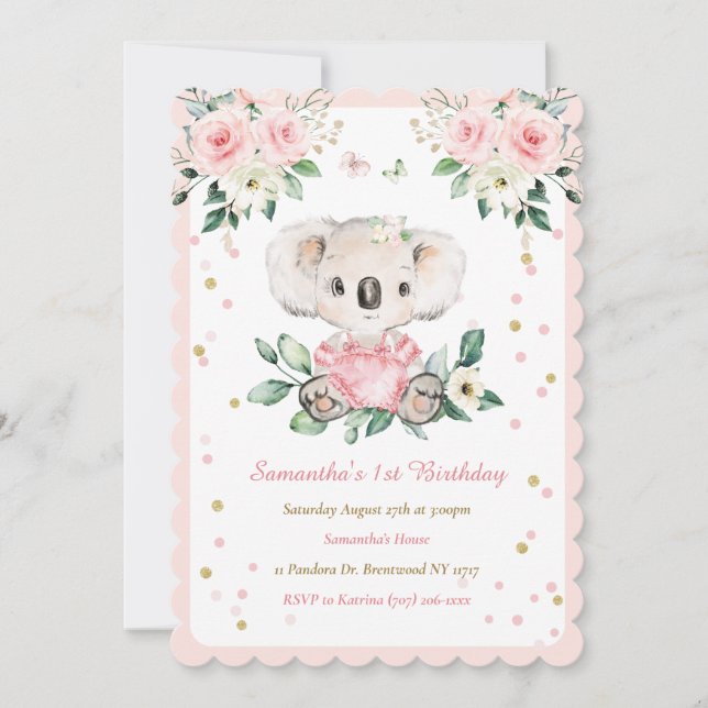 Personalized Koala Bear Girl 1st Birthday Invitation (Front)