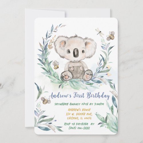 Personalized Koala Boy First Birthday Invitation