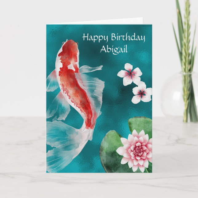 Personalized  Koi Fish, Cherry Blossoms Birthday Card (Front)