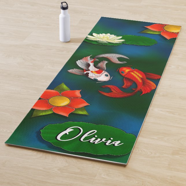 Personalized Koi Fish White Lotus Lily Pond Yoga Mat (In Situ)