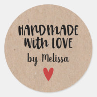 Personalized Kraft Handmade With Love Square Stick Classic Round Sticker