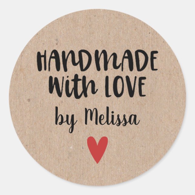 Personalized Kraft Handmade With Love Square Stick Classic Round Sticker (Front)