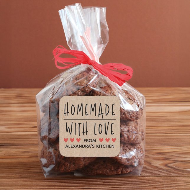 Personalized Kraft Homemade With Love Square Sticker (A cute Homemade with love sticker. Wonderful for Valentine's Day, or for any occasion.)