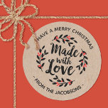 Personalized Kraft Made With Love Christmas Label<br><div class="desc">A personalized "made with love" sticker on a kraft colored background. Features a pretty berry wreath and the words "made with love" in an elegant script font.  A pretty finishing touch for all of your handmade gifts. Designed for you by Blackberry Boulevard.</div>