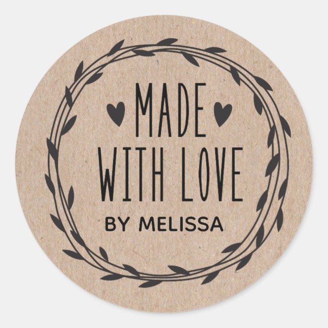 Personalized Kraft Made With Love Classic Round Sticker (Front)