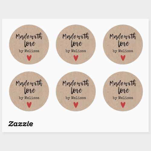 Personalized Kraft Made With Love Heart Classic Round Sticker