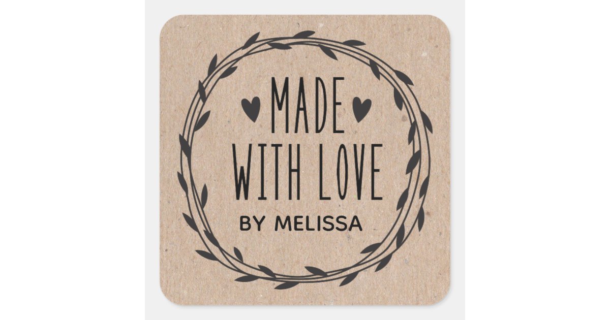 Personalized Kraft Made With Love Square Sticker | Zazzle