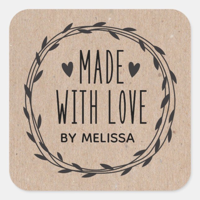 Personalized Kraft Made With Love Square Sticker (Front)