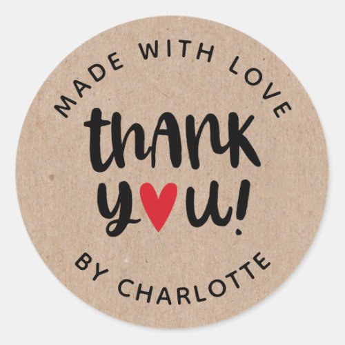 Personalized Kraft Made With Love Thank You Classic Round Sticker