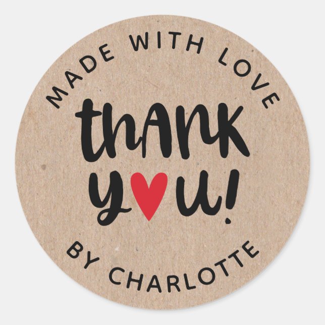 Personalized Kraft Made With Love Thank You Classic Round Sticker (Front)
