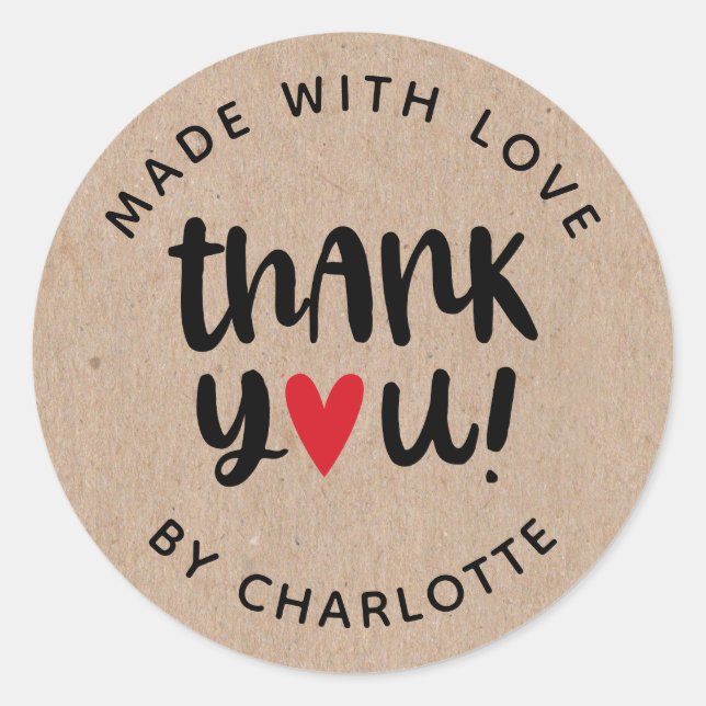 Personalized Kraft Made With Love Thank You Classic Round Sticker (Front)