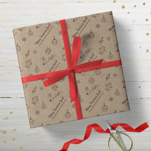 Personalized Kraft-Styled Christmas Doodles Brown Wrapping Paper