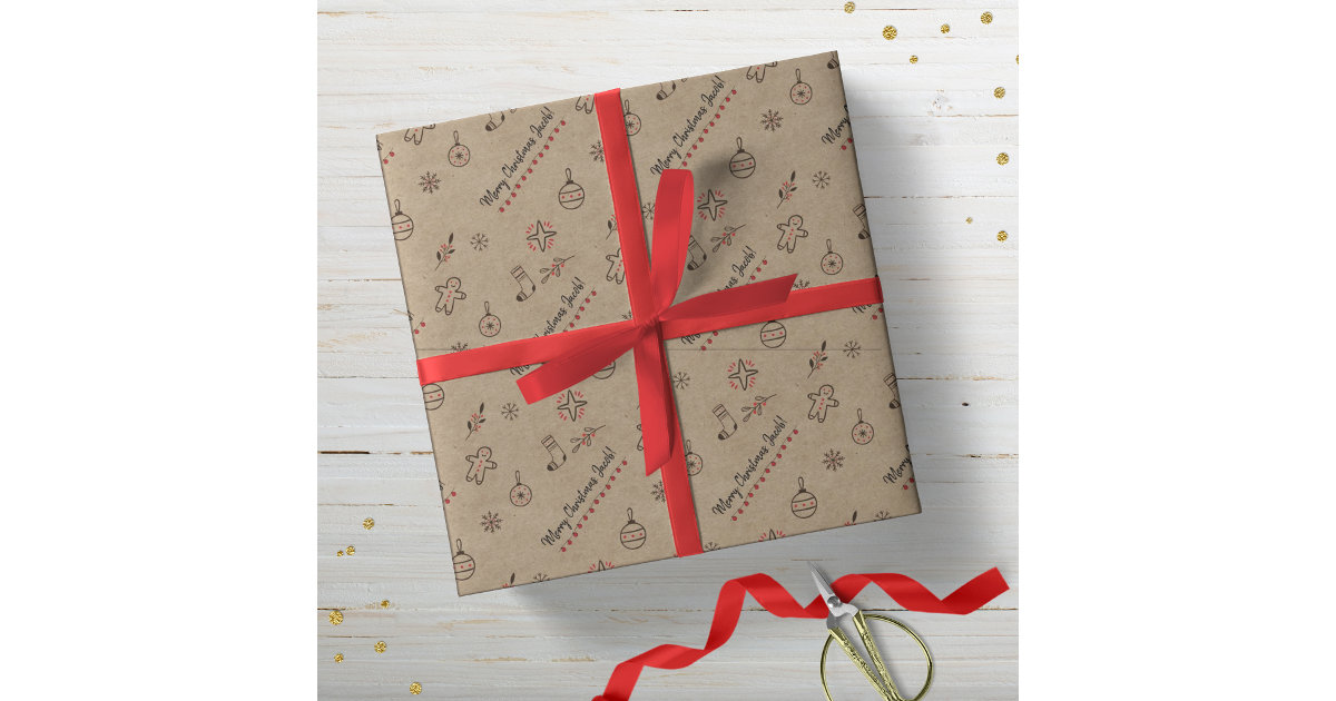 Personalized Kraft-Styled Christmas Doodles Brown Wrapping Paper