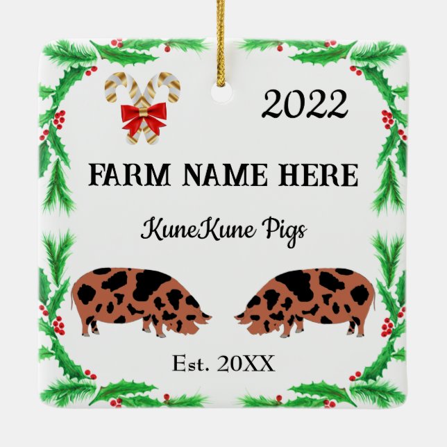 Personalized KuneKune Pig Farm Christmas Ceramic Ornament (Back)