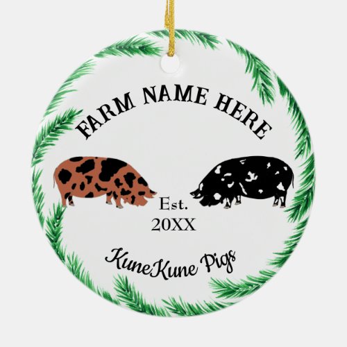 Personalized KuneKune Pig Farm Pine Wreath 2 Ceramic Ornament