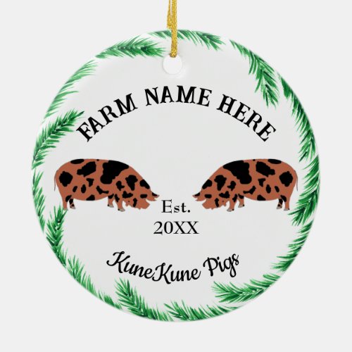 Personalized KuneKune Pig Farm Pine Wreath Ceramic Ornament