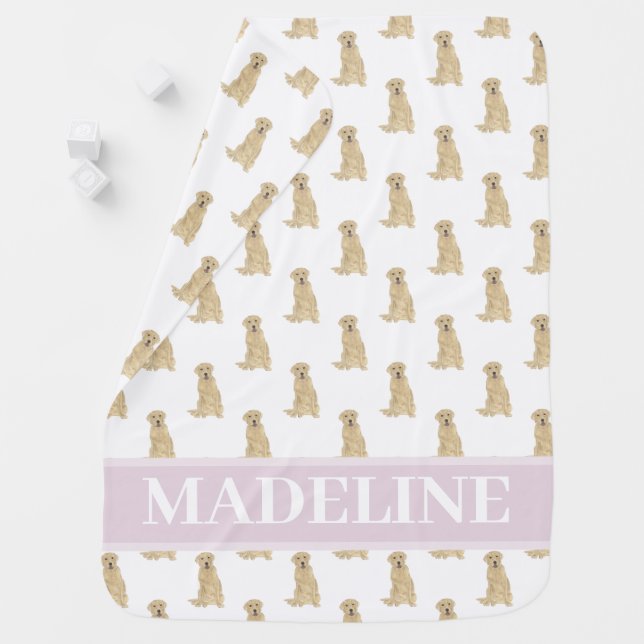 Personalized Labrador (Yellow) Pink & White Baby Blanket (In Situ)