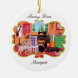 Personalized Labradors in Mom's Sewing Room Ceramic Ornament