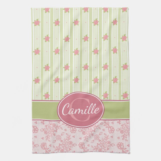Personalized Lace & English Garden Kitchen Towel (Vertical)